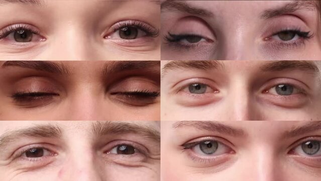 Video collage made of close-up images of different people's eyes. Young men and women looking into camera. Smiling. Concept of human emotions, diversity, lifestyle, feelings, impression