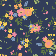Fototapeta na wymiar Seamless watercolor flowers pattern on blue background. Flowers and leaves. Hand painted color. Floral pattern for design. 
