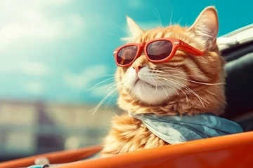 Fotobehang Auto cartoon Funny Red Cat in Convertible Sunny. Generative AI