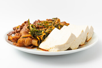 tofu and red pepper paste pork on white background
