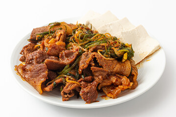 tofu and red pepper paste pork on white background
