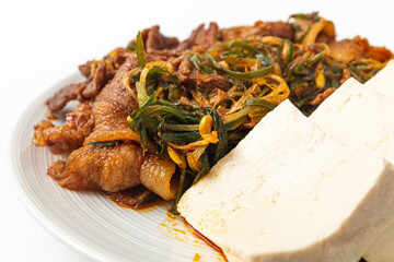 tofu and red pepper paste pork on white background