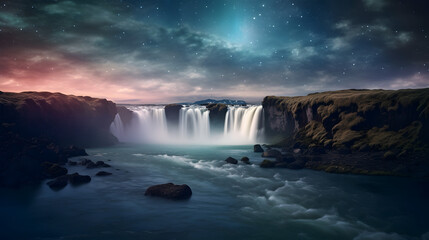 Fototapeta na wymiar Godafoss in summer, Iceland. Starry Night: a Mesmerizing Long Exposure of a Nature Waterfall Under a Star-Filled Sky, Generative AI