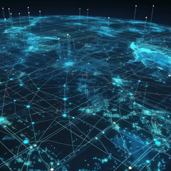 Obraz na płótnie Canvas Internet networks over planet Earth, neon colors. AI generative.