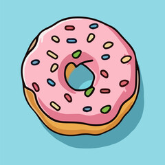 Donut with pink glaze on blue background. Vector illustration.