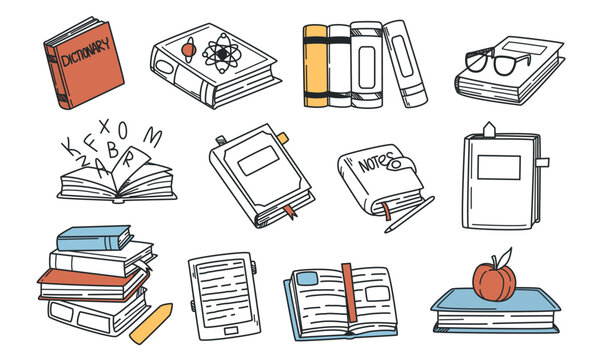 Hand drawn book doodle set. Stack of books with bookmarks and notebooks. Drawing icon knowledge elements. Vector symbols of reading and learning for education. Educational literature and dictionary.