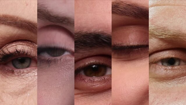 Video collage made of close-up images of different people's eyes blinking. Vision. Male and female models looking in camera. Concept of human emotions, diversity, lifestyle, feelings, impression