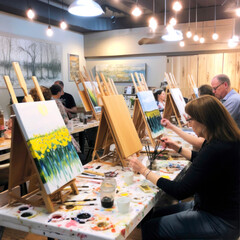Fototapeta premium Happy group of motivated diverse people enjoying painting art class, generative ai
