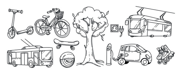 Doodle set of different eco transport. Electric car, scooter, bicycle, skateboard, roller skates, monowheel, public bus and tram hand drawn vector Illustration. Ecological urban transportation.
