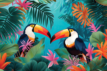 Illustration Seamless pattern with Birds and tropical plants