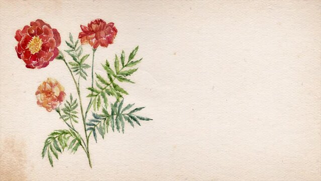 Vintage Postcard With Ink Flower Reveal/ 4k animation of a retro vintage postcard of flower painting reveal on old paper texture with grain and noise effect and blank space for birthday and holiday ev