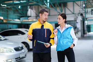 Young caucasian white woman taking technician in garage about vehicla annual check up - maintenance.