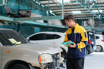 Fototapeta na wymiar Senior professional automotive technician inspecting the damaged vehicle in garage. 