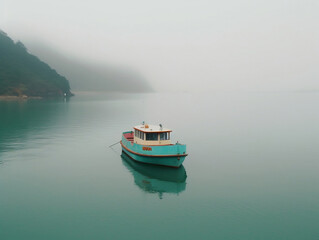 Naklejka na ściany i meble blue boat on the lake on a gloomy day - Generative AI