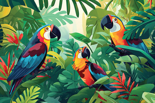 Illustration Seamless pattern with Birds and tropical plants