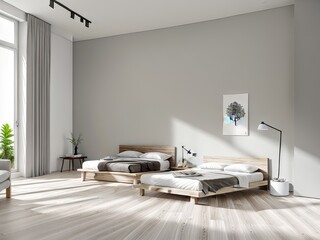 The interior of a bright bedroom. Generative by AI