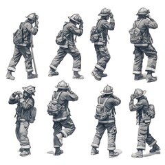 Fototapeta na wymiar Various positions of a fireman with protective suit in action Generative AI Illustration