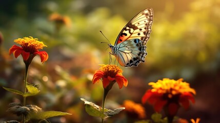 Obraz premium Βutterfly on flower closeup, Springtime, Spring nature, wild flowers field. Generative AI 