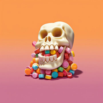 3D skull with lots of sweets children with health problems Generative AI Illustration