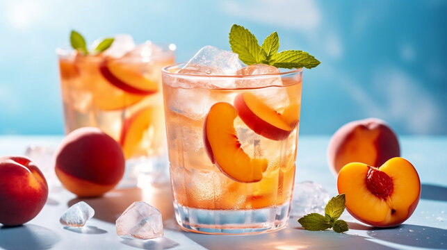 peach and mint cocktail on blue background - Generative AI