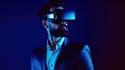A man with beard in glasses of virtual reality. Augmented reality, future technology concept. VR goggles. Neon light. Generative AI