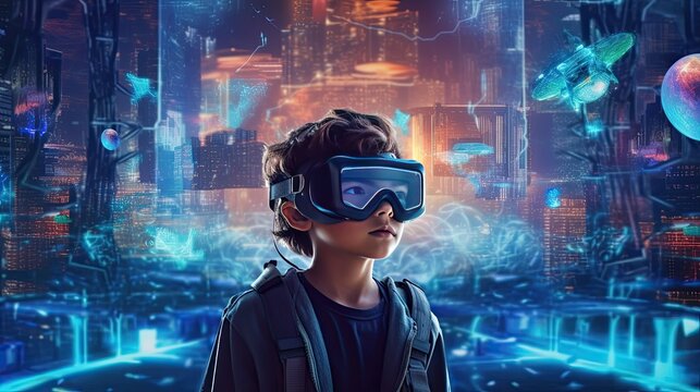 A boy in vr glasses and armament playing cyber game with digital images of game episodes. Augmented reality cyberspace. Generative AI