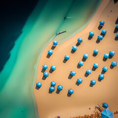 Aerial view of white beach, umbrellas and turquoise clear water during sunset. Generative AI