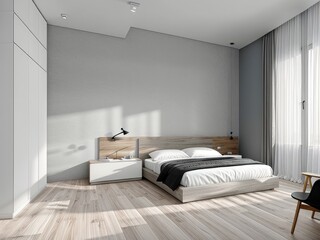 The interior of a bright bedroom. Generative by AI