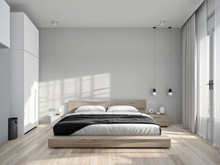 The interior of a bright bedroom. Generative by AI
