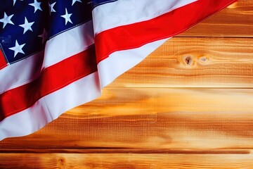 Fototapeta na wymiar Top view with American flag on wood table background, American flag top view with copy space template with wooden table background, Generative AI
