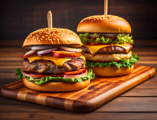 Fresh and tasty juicy burger on dark background, Delicious grilled burger, Beef burgers on wooden table, delicious homemade burger of beef, cheese and vegetables on an old wooden table.