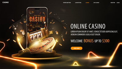 Online casino, welcome bonus, black banner with offer, podium with smartphone, casino slot machine, Casino Roulette, cards and poker chips in dark scene with gold neon triangles around