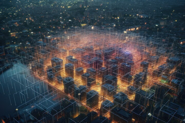 Internet networks over the city, cyberspace, neon colors. The concept of the future. AI generative.