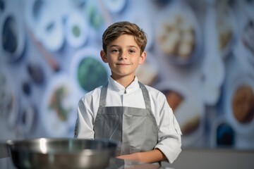 Medium shot portrait photography of a glad kid male cooking against a modern art gallery background. With generative AI technology