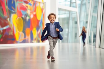 Lifestyle portrait photography of a satisfied kid male running against a modern art gallery background. With generative AI technology
