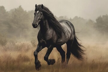 Fototapeta na wymiar Untamed Friesian Horse Roaming its Natural Habitat. Generative AI