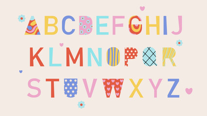 Hand drawn summer creative alphabet. Set of trendy hand drawn vector stylized letters for books, prints, wrapping paper and banner design. Bold capital letter illustrated alphabet.