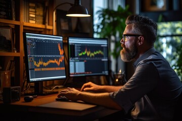 businessman analising market on a chart on a computer - Illustration created with generative ai