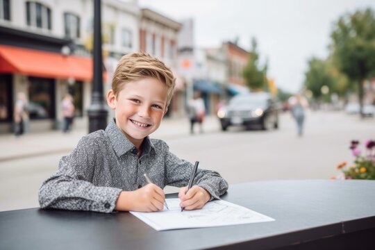 Medium shot portrait photography of a happy kid male drawing against a small town main street background. With generative AI technology