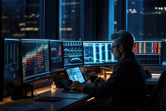 businessman analising market on a chart on a computer - Illustration created with generative ai