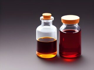 red medical bottle of brown liquid or red liquid on gray background