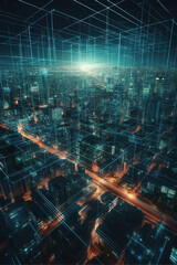 Internet networks over the city, neon colors. Vertical illustration. AI generative.