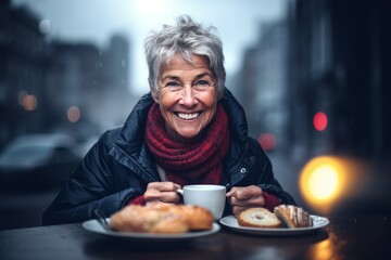 Close-up portrait photography of a happy mature woman having breakfast against a dramatic thunderstorm background. With generative AI technology