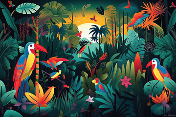 Illustration Seamless pattern with Birds and tropical plants
