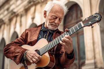 Medium shot portrait photography of a glad old man playing the guitar against a historic library background. With generative AI technology