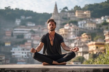 Fototapeta na wymiar Medium shot portrait photography of a satisfied boy in his 30s practicing yoga against a quaint european village background. With generative AI technology