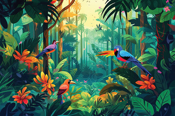 Naklejka premium Illustration Seamless pattern with Birds and tropical plants