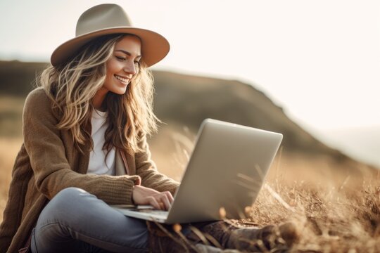 Lifestyle portrait photography of a glad girl in her 30s using the laptop against a rolling hills background. With generative AI technology