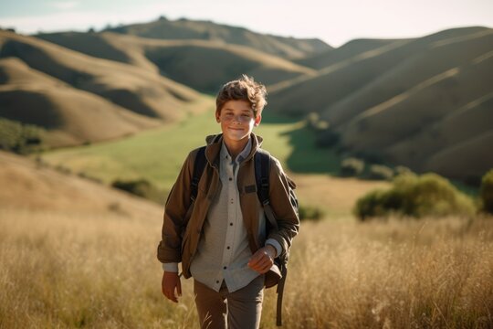 Medium shot portrait photography of a satisfied boy in his 30s walking against a rolling hills background. With generative AI technology