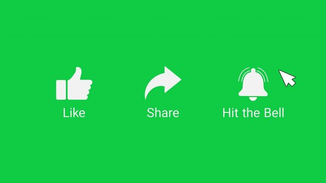 The animated reveal of the like, share, and bell notification buttons. Isolated on a green background.